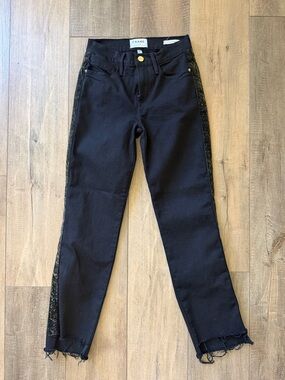 Frame Denim Black Skinny Straight Jeans with Glitter Side Stripe - Size 24